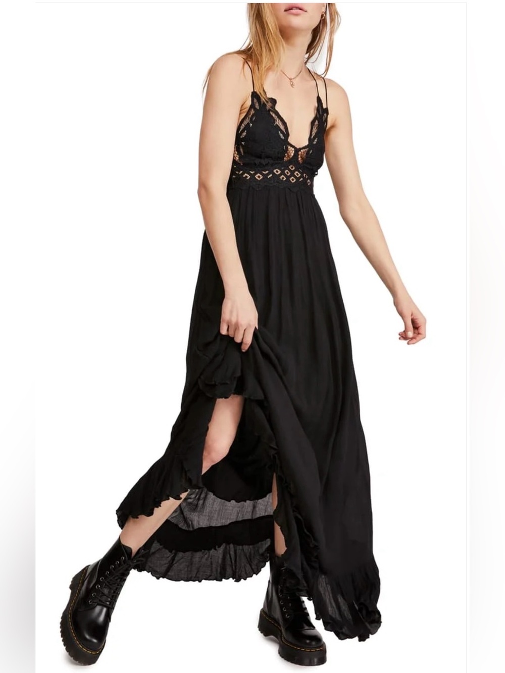 Free People Black Maxi Dress with Lace Bodice NWT